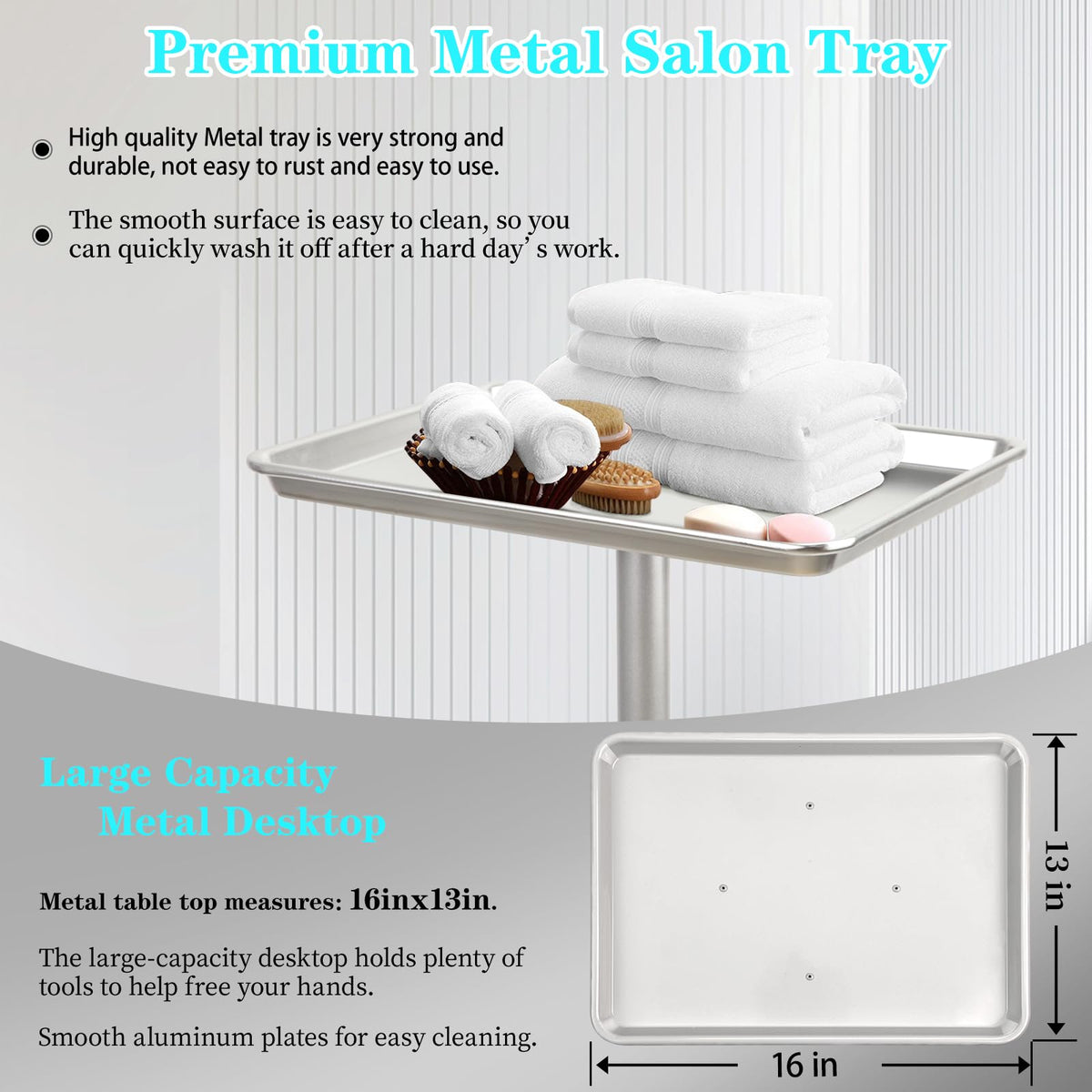 Lailelaodi height-adjustable salon tray set between 22 and 38 inches.