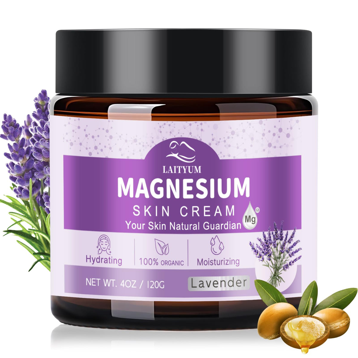 LAITYUM Magnesium Body Lotion bottle front highlighting natural ingredients and lavender scent