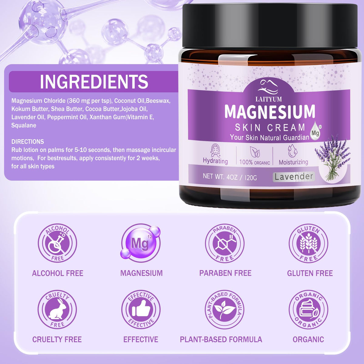 LAITYUM Magnesium Body Lotion ingredients panel with organic minerals