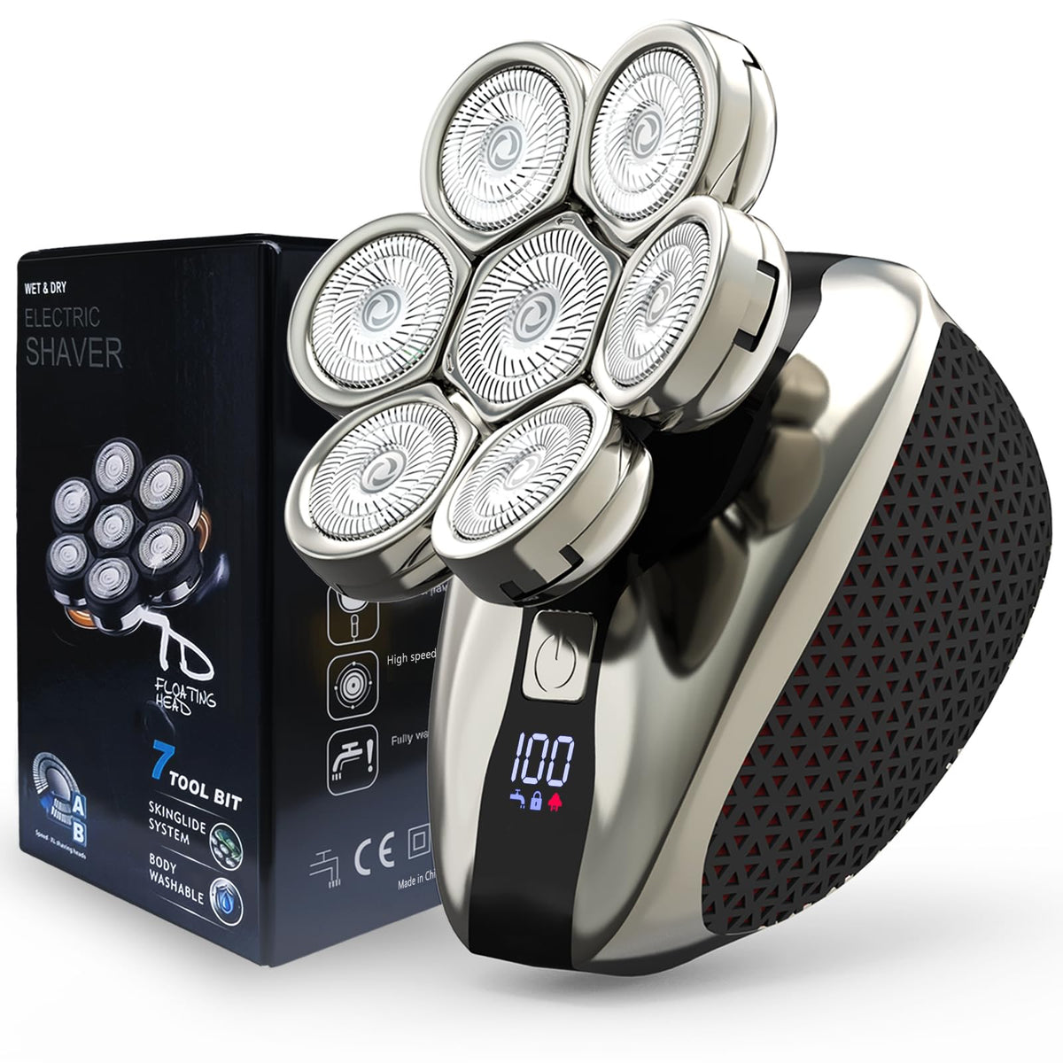 LAJCAEN 7D head shaver front view shows a sleek, balanced design for bald men.