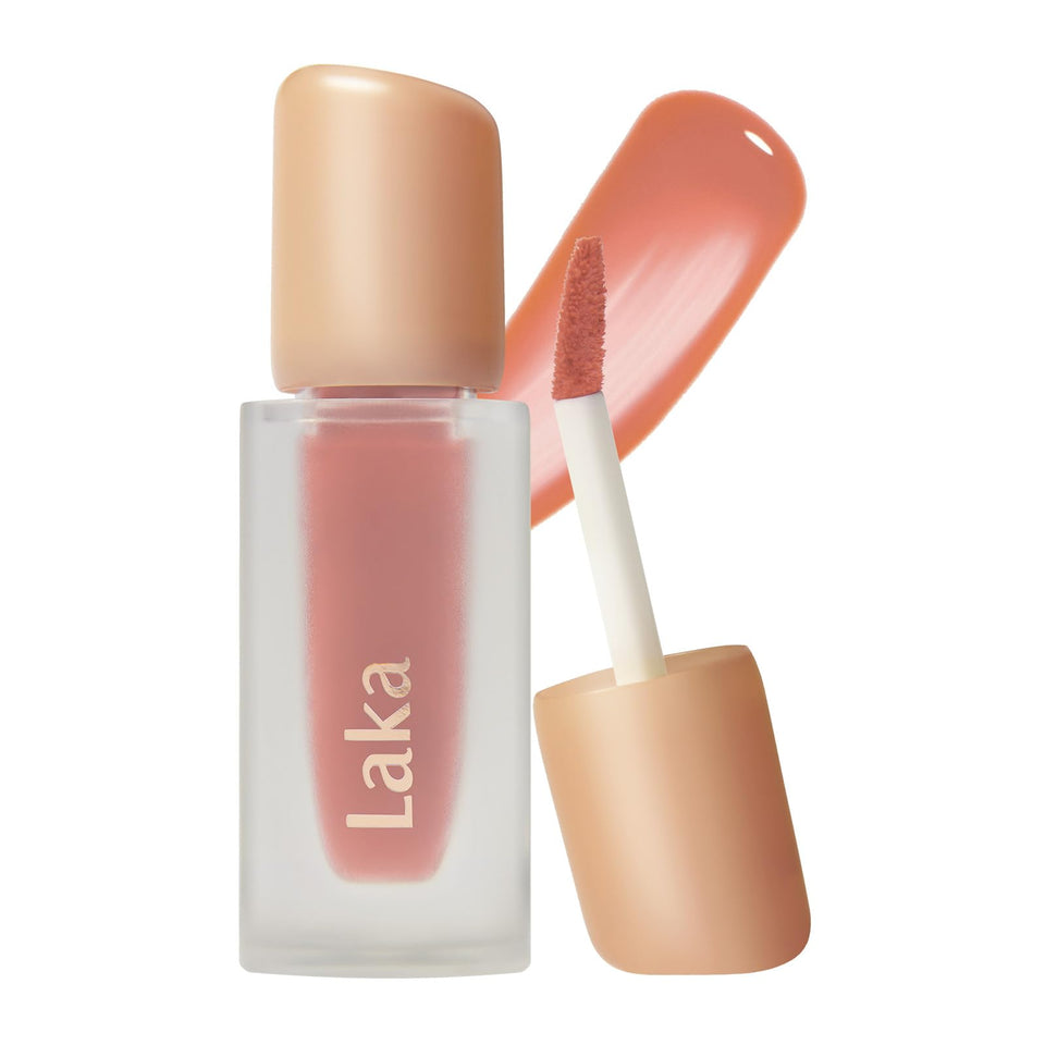Laka Fruity Glam Tint bottle shows a glossy, hydrating lip look.