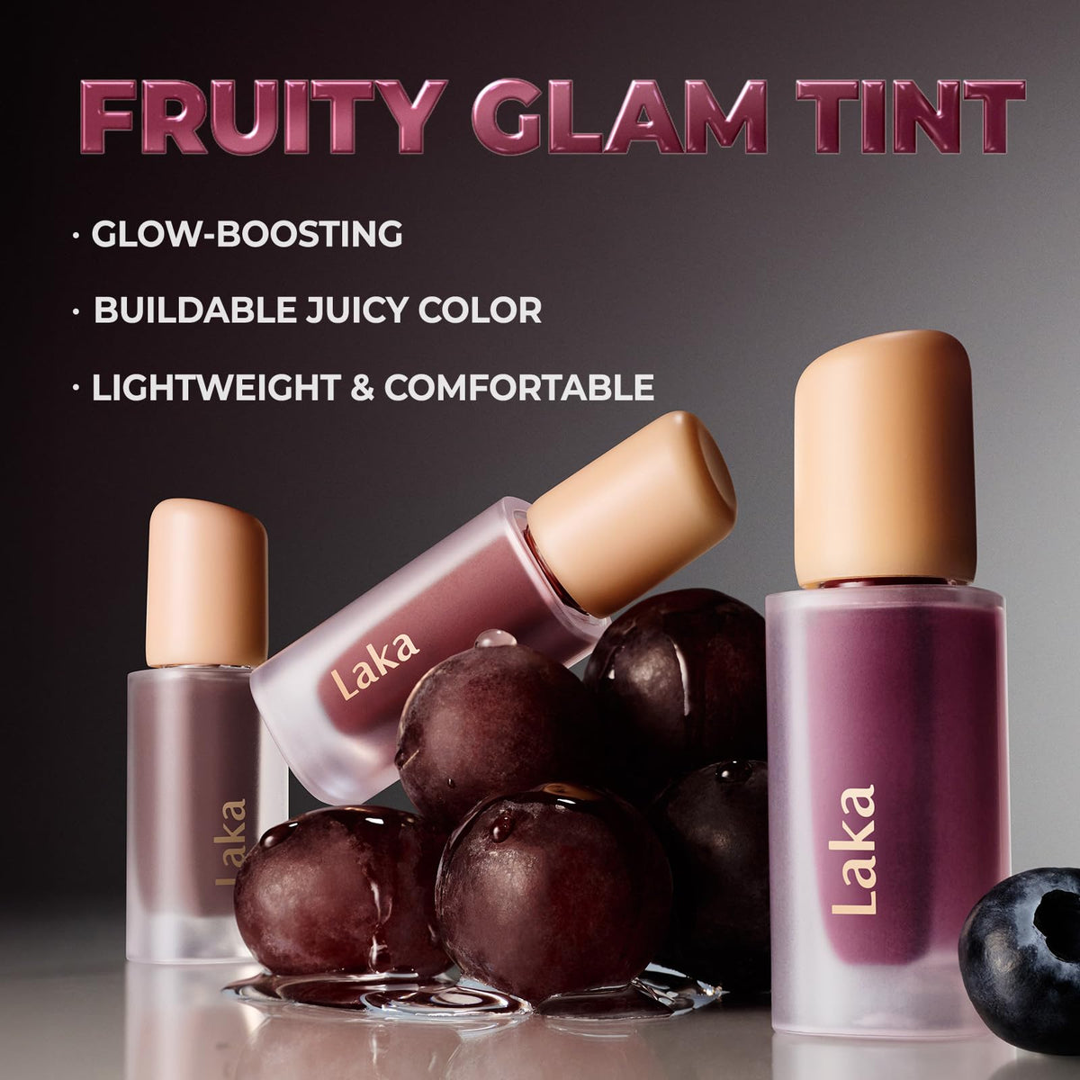 Laka Fruity Glam Tint buildable color swatch on arm.