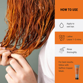 LAKMÉ Teknia Saffron Copper Shampoo packaging on display on shelf.