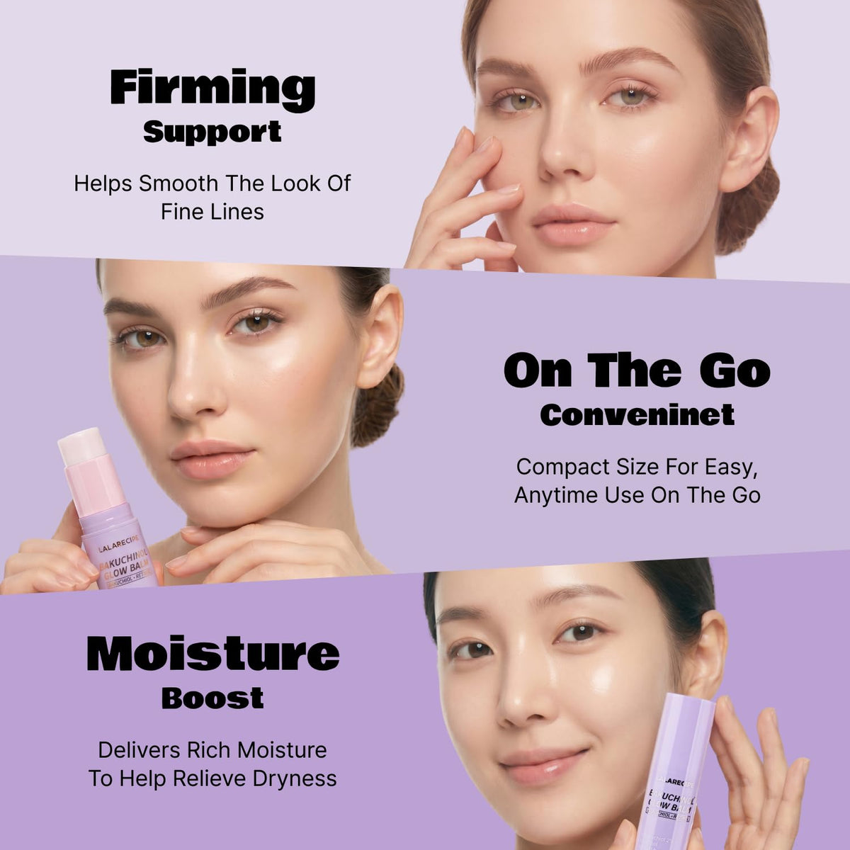 LALARECIPE close-up of ingredients highlights Bakuchiol and Retinol liposome delivery and nourishing oils.