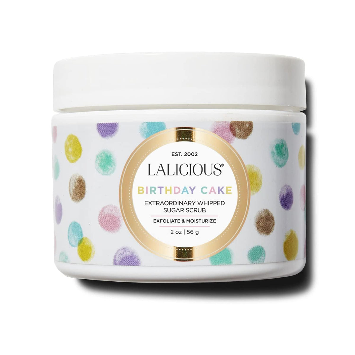 LaLicious Birthday Cake Sugar Scrub jar close-up, gentle exfoliation for radiant, smooth skin.