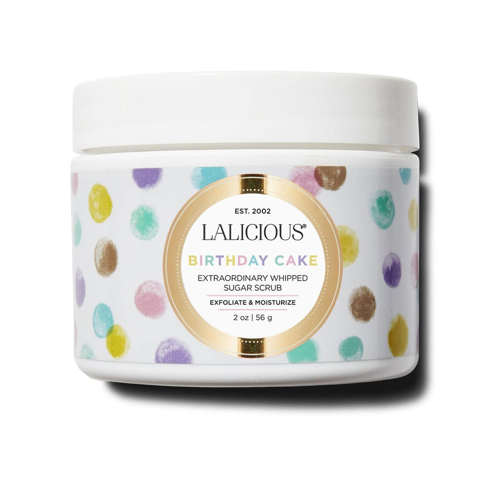 LaLicious Birthday Cake Sugar Scrub jar close-up, gentle exfoliation for radiant, smooth skin.