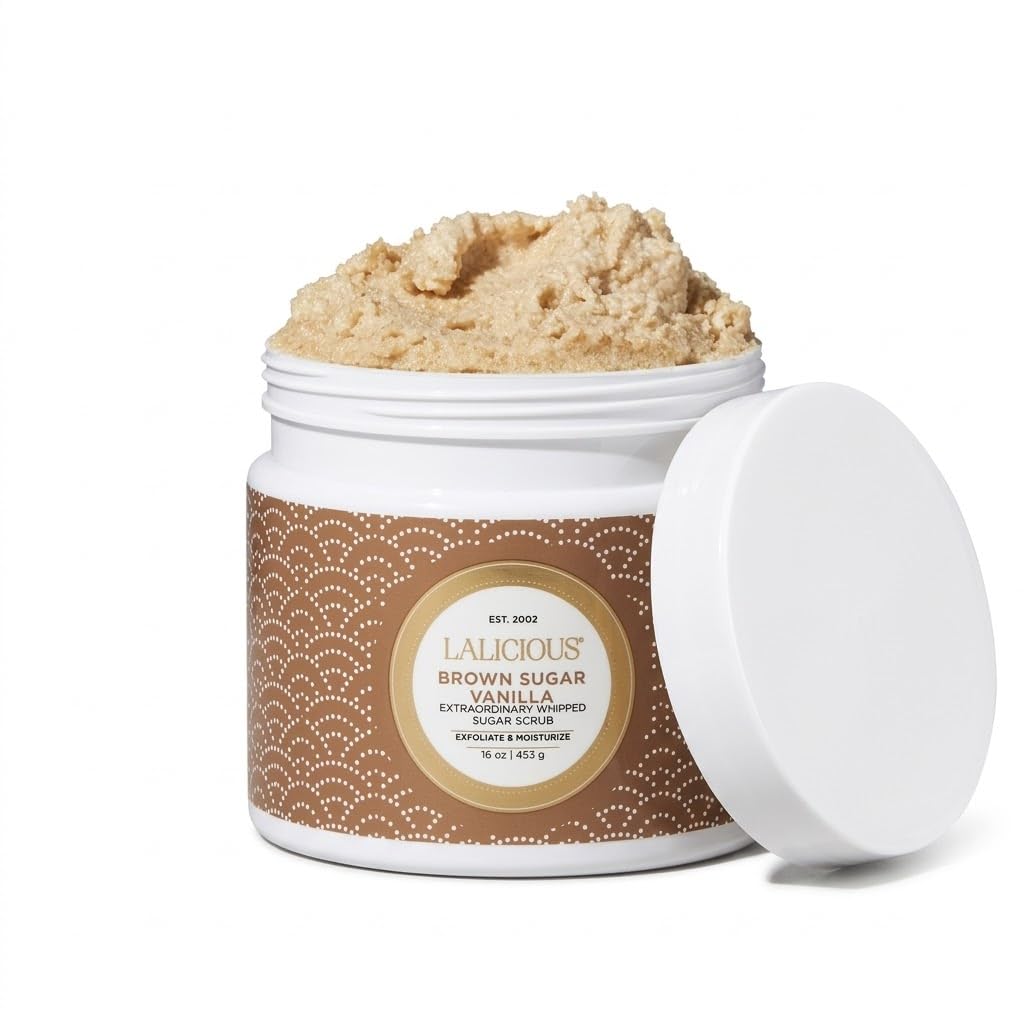 LaLicious Brown Sugar Vanilla scrub bottle offering gentle exfoliation and hydration.