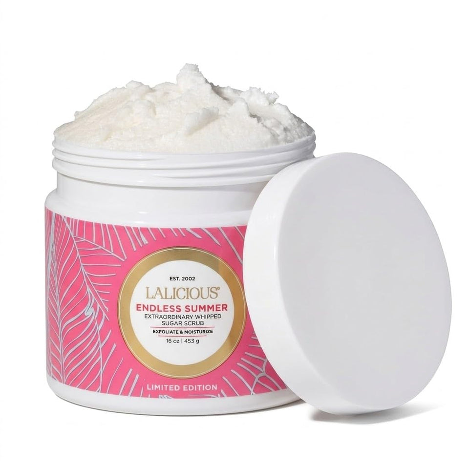 LaLicious Endless Summer scrub jar closeup shows creamy sugar texture for radiant skin.