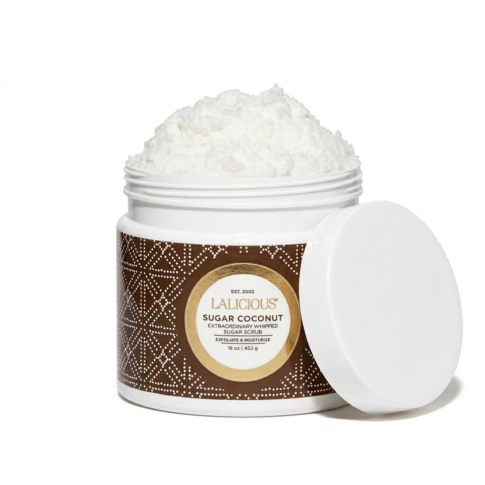 LaLicious Sugar Coconut exfoliating scrub jar for smoother skin and radiant glow.
