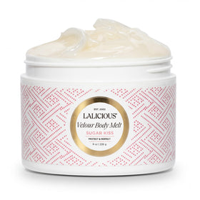 LaLicious Sugar Kiss Velour Body Melt bottle for quick, non-greasy hydration.