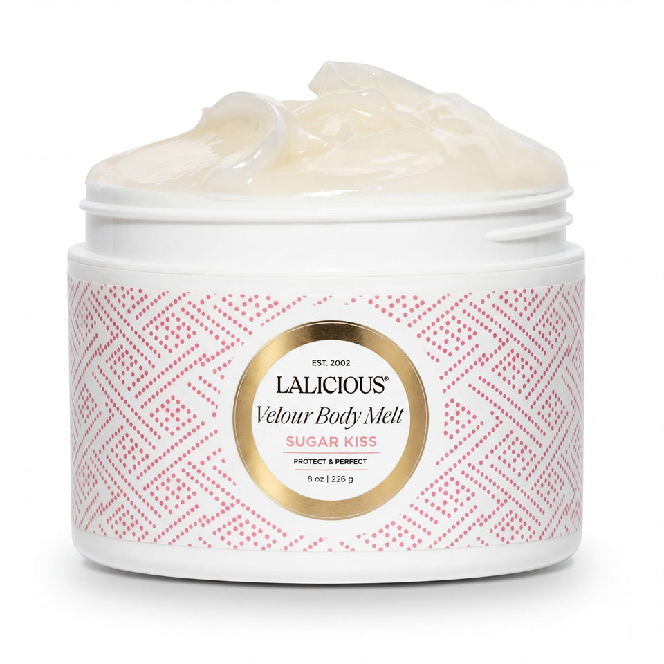 LaLicious Sugar Kiss Velour Body Melt bottle for quick, non-greasy hydration.