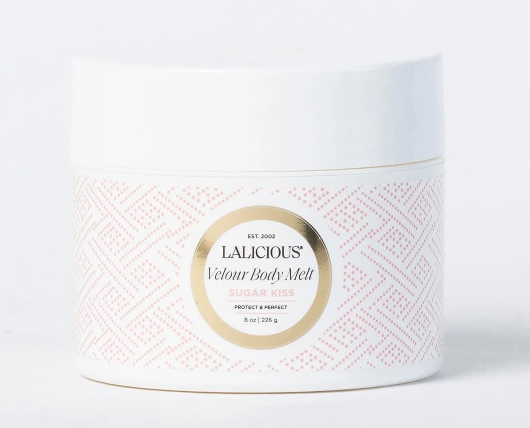 LaLicious Sugar Kiss Velour Body Melt jar shows balm-to-oil texture for dry skin.
