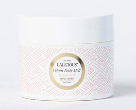 LaLicious Sugar Kiss Velour Body Melt jar shows balm-to-oil texture for dry skin.