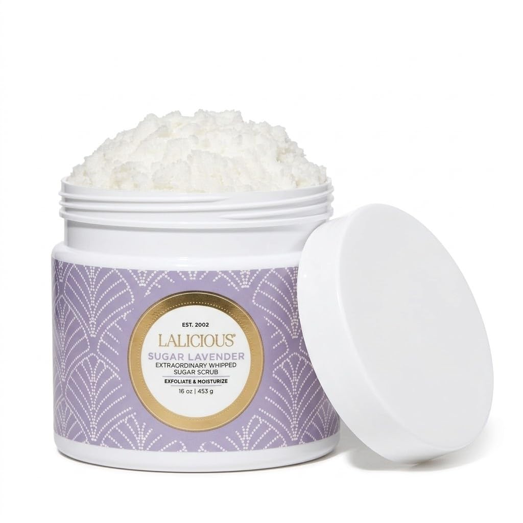 LALICIOUS Sugar Lavender exfoliating scrub bottle for gentle buff and hydration.