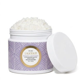 LALICIOUS Sugar Lavender exfoliating scrub bottle for gentle buff and hydration.