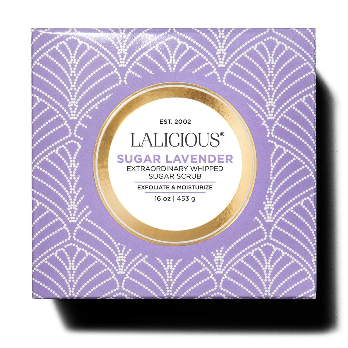 LALICIOUS Sugar Lavender exfoliating scrub packaging emphasizes cruelty-free, paraben-free formula.