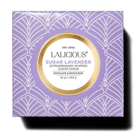 LALICIOUS Sugar Lavender exfoliating scrub packaging emphasizes cruelty-free, paraben-free formula.