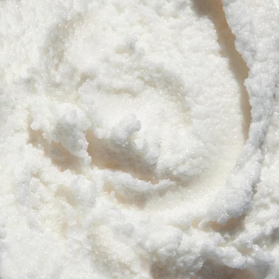 LALICIOUS Sugar Lavender exfoliating scrub texture close-up shows whipped, non-greasy formula.