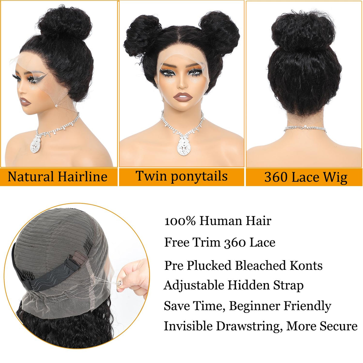 Lametope drawstring wig with four combs for secure fit.