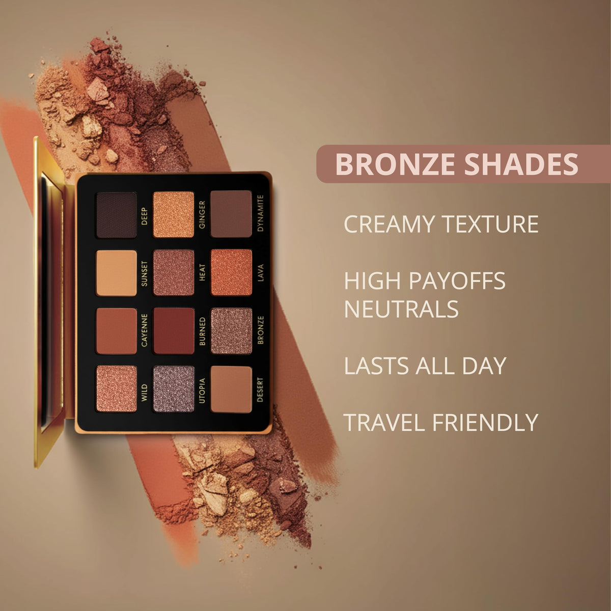 Lamora Bronze Daytime glow look with warm bronze neutrals.