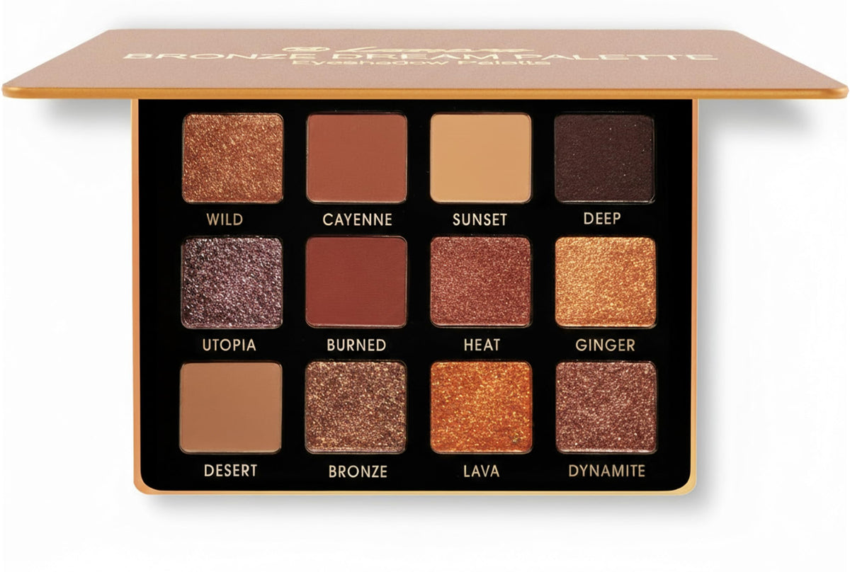 Lamora Bronze Eyeshadow Palette cover showing warm neutrals for versatile looks.