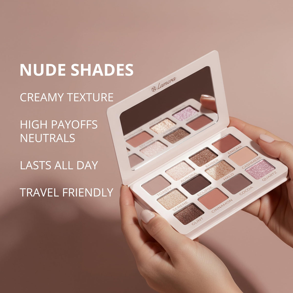 Lamora Nude Eyeshadow Palette packaging emphasizing neutral elegance