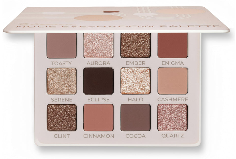 Lamora Nude Eyeshadow Palette swatches show 12 natural shades for everyday versatility