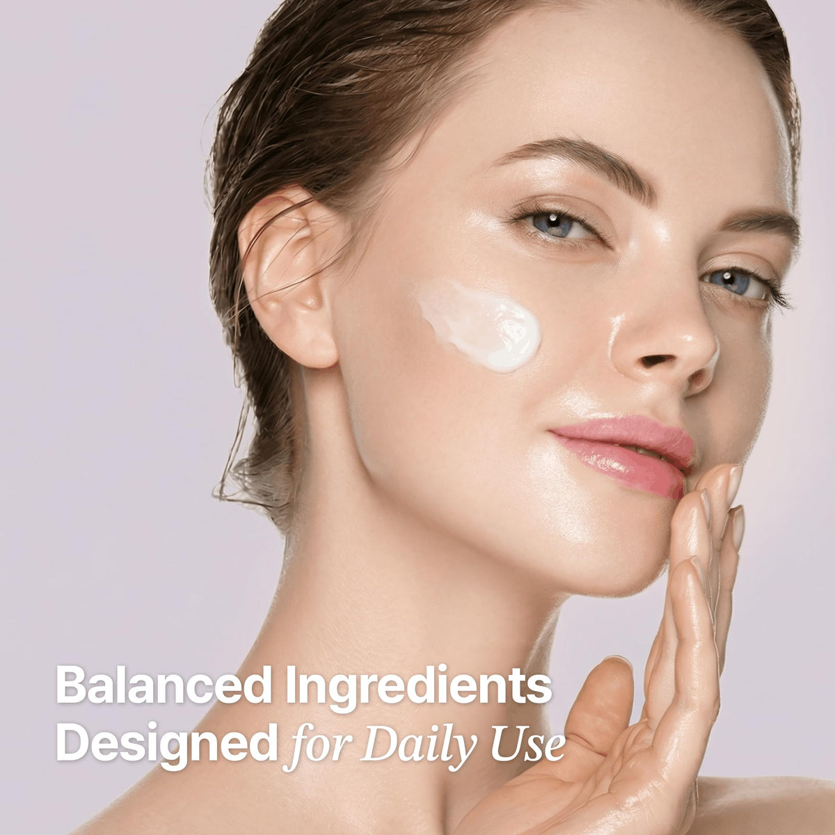 LAMUAMOR finished routine showing dewy skin after applying cream.