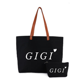 Lamyba Gigi tote bag in black canvas with vegan leather handles, roomy everyday bag.