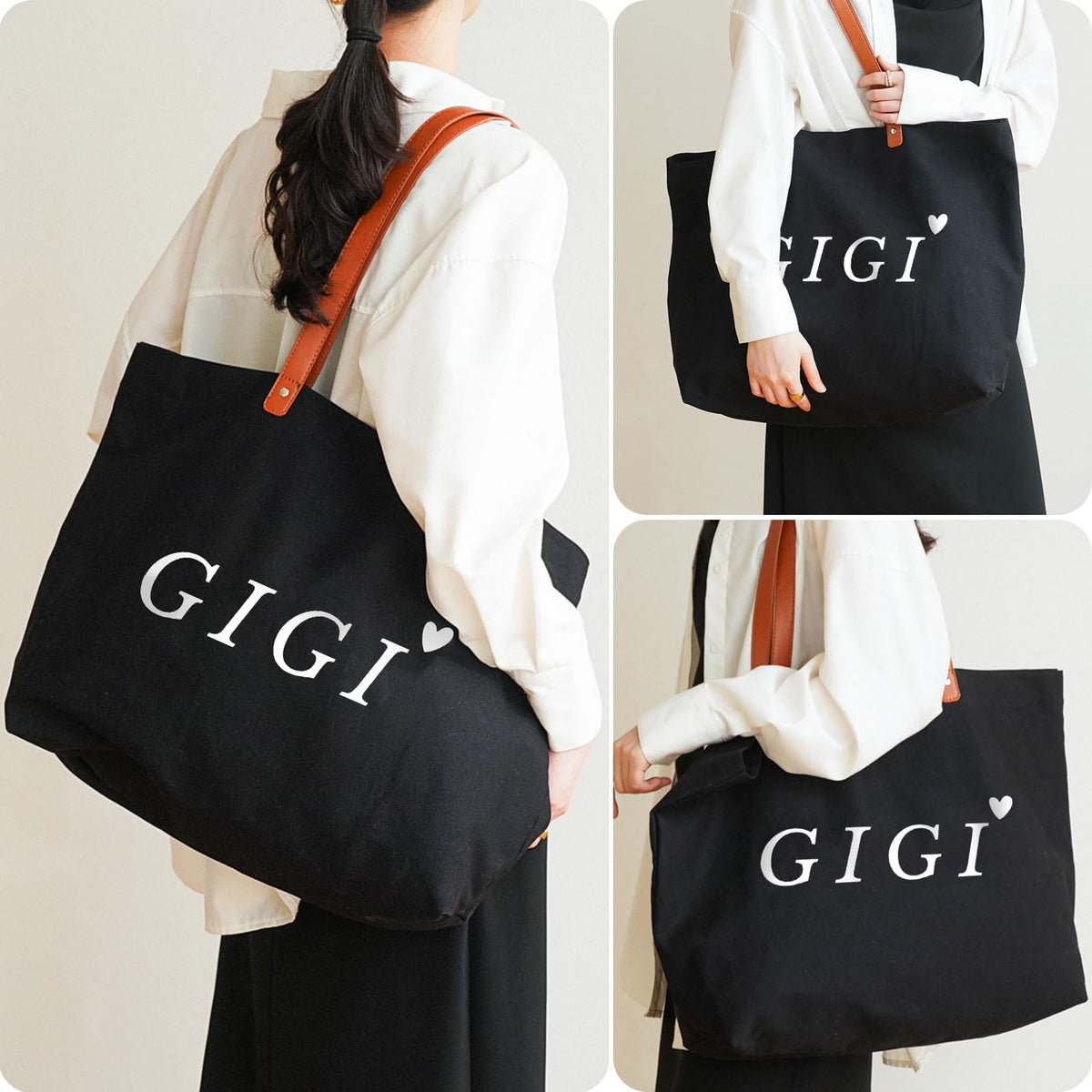 Lamyba Gigi tote showing vegan leather handles for comfortable carrying.