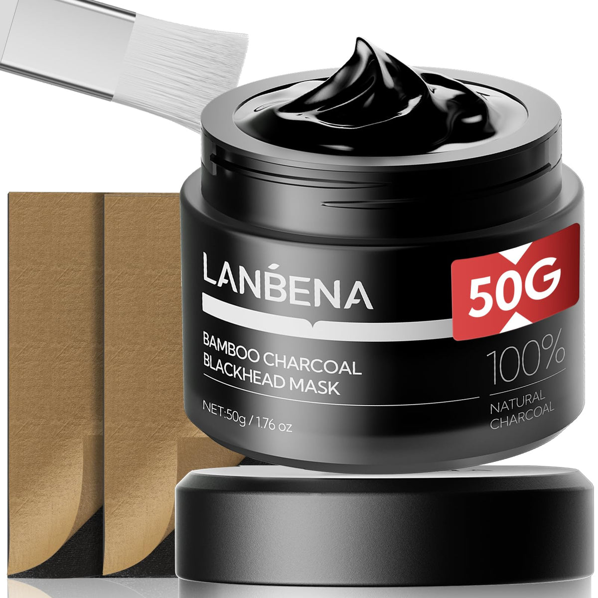 LANBENA bamboo charcoal mask packaging showing 50g jar for extended pore care.