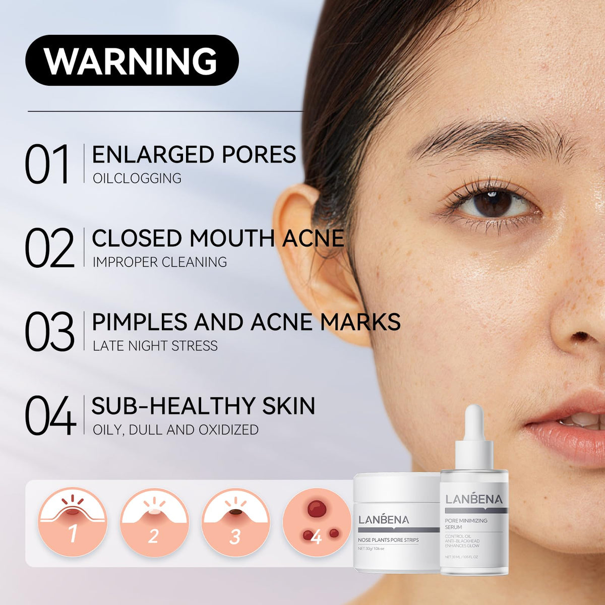 LANBENA pore-minimizing serum bottle emphasizing hydration and subtle tightening