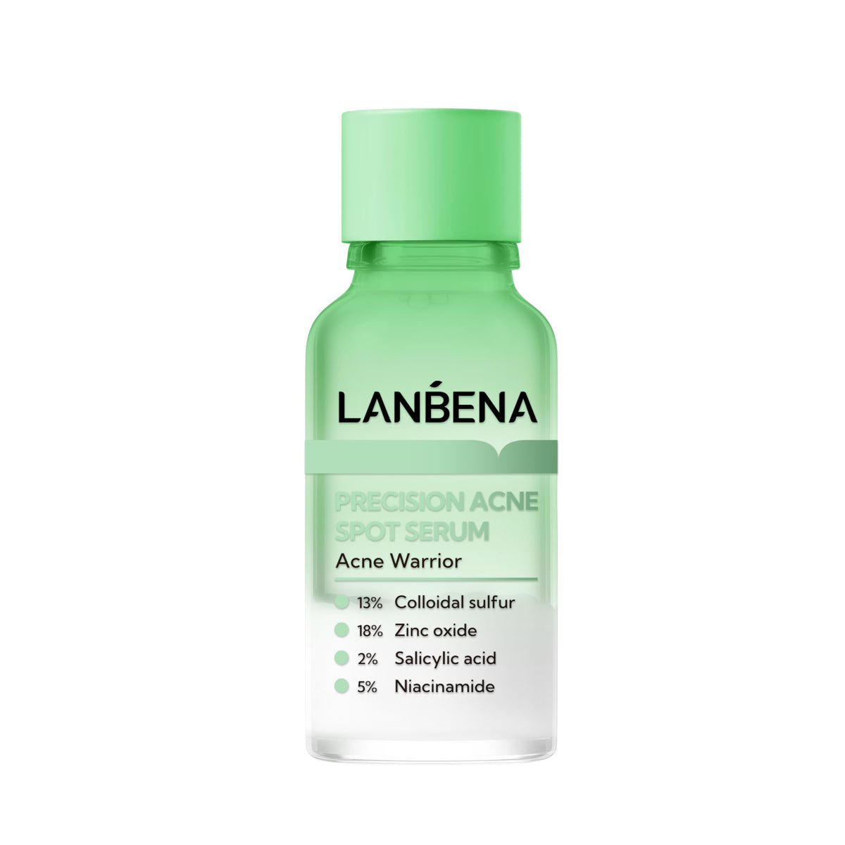 LANBENA Precision Acne Spot Serum bottle demonstrates fast-drying action for blemish relief.