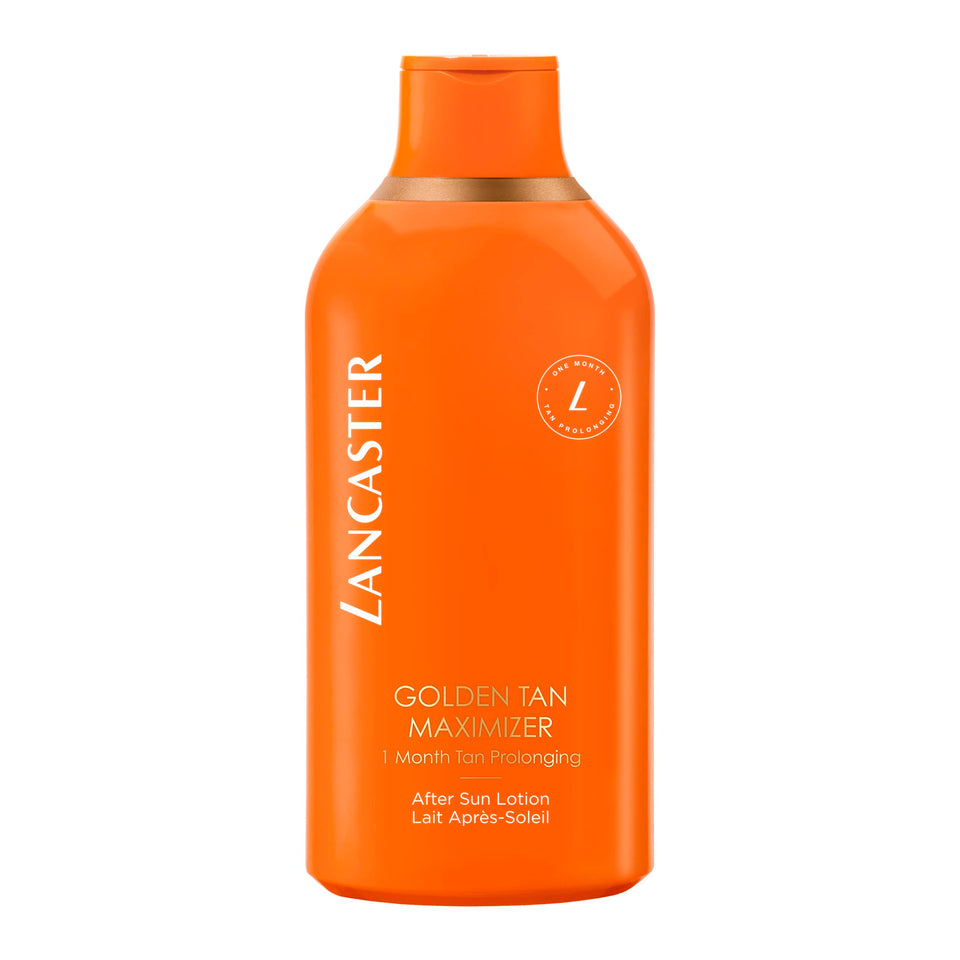 Lancaster Golden Tan Maximizer after sun lotion bottle promotes hydration and radiant tan.