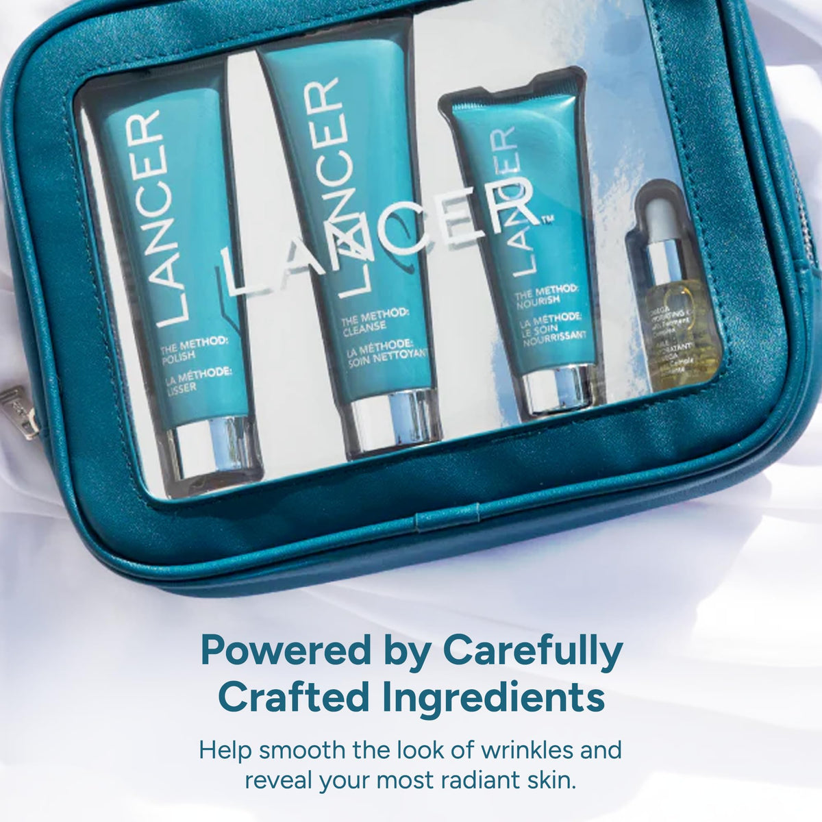 Lancer Method kit close-up, hands holding products during daily routine.