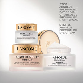 Lancôme Absolue Premium BX Day Cream jar on vanity conveys premium skincare.
