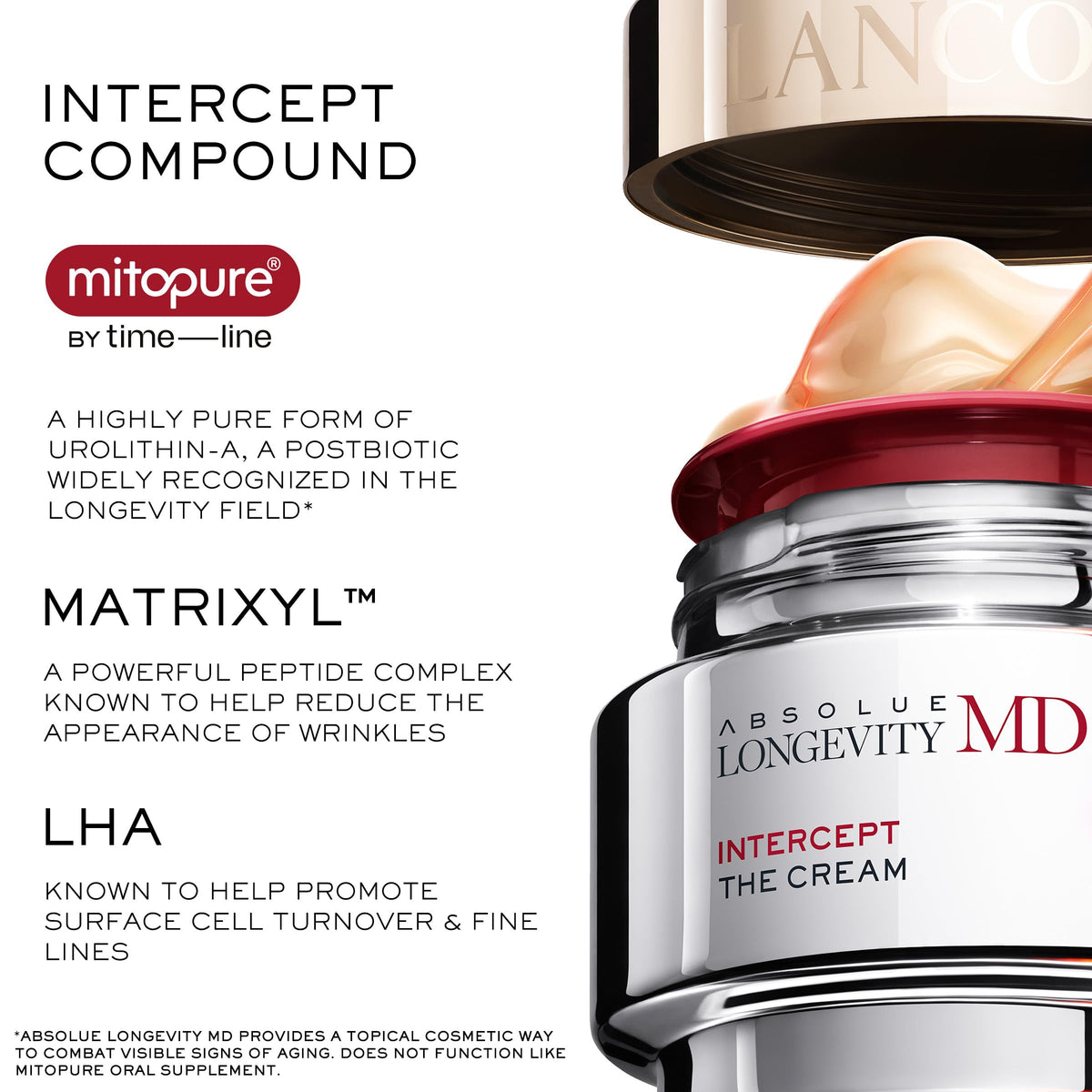 Lancôme Absolue Longevity MD Intercept Mitopure ingredient focus for renewal.