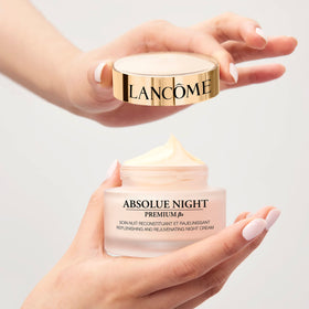Lancôme Absolue Premium Bx Night Cream on display with bottle and jar