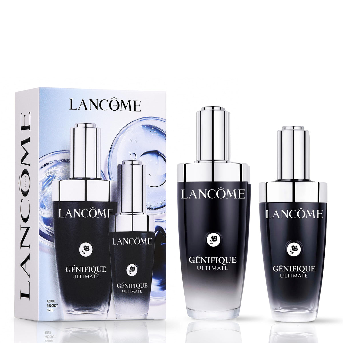 Lancôme Génifique Ultimate Recovery Serum gift set with two full-size bottles for daily renewal.