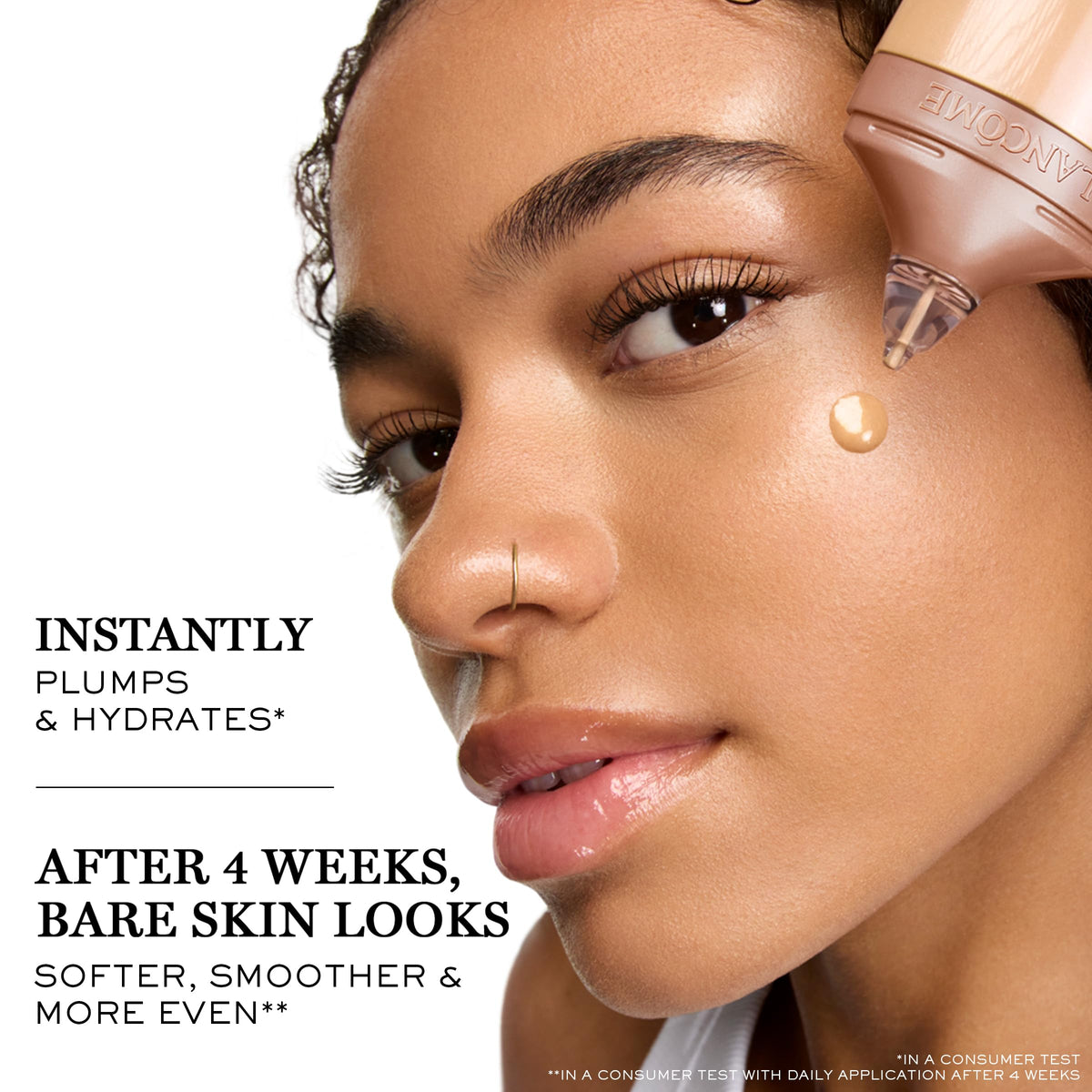 Lancôme Idôle 3 Serum Tint texture swatch shows buildable coverage and dewy finish