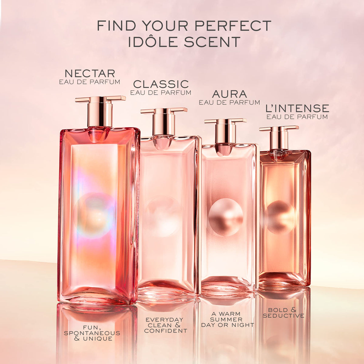 Recycled glass bottle of Lancôme Idôle Nectar signals eco-conscious design.