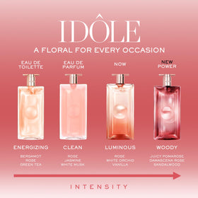 Lancôme Idôle Power flacon detail emphasizing the rose heart and refined silhouette.