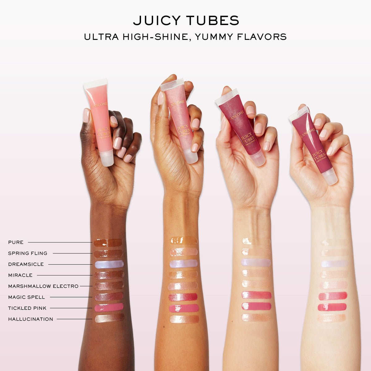 Lancôme Juicy Tubes cushioned texture with luxe shine for a juicy look.