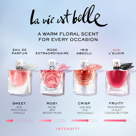 Notes include raspberry, violet, and cocoa butter for a sophisticated profile.