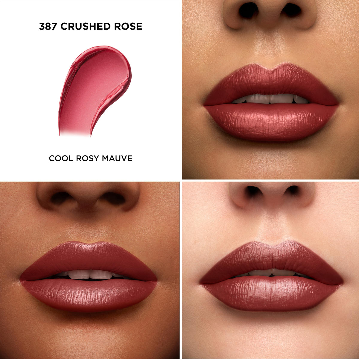 Lancôme L'Absolu Rouge 387 Crushed Rose swatches showing rich luminous color