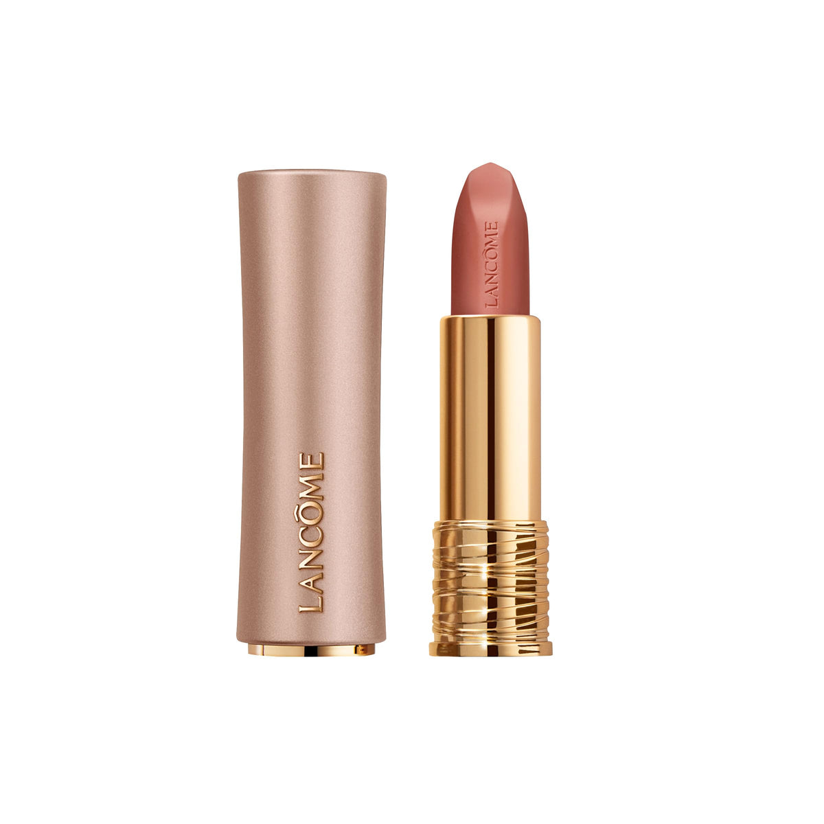 Lancôme L'Absolu Rouge Intimatte bullet closeup showing precise application and soft matte finish.