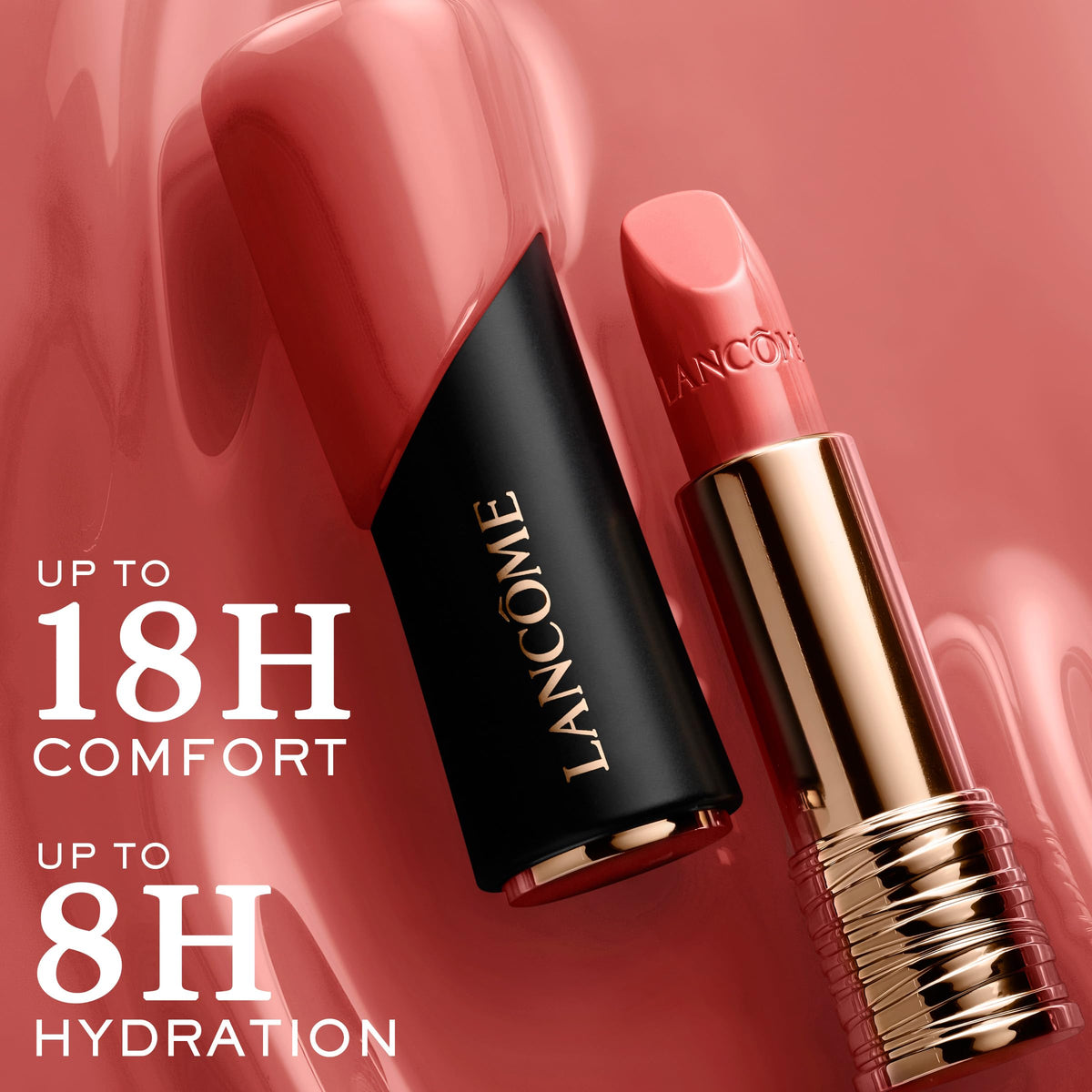Lancôme L'Absolu Rouge application shot showing smudge-resistant performance.