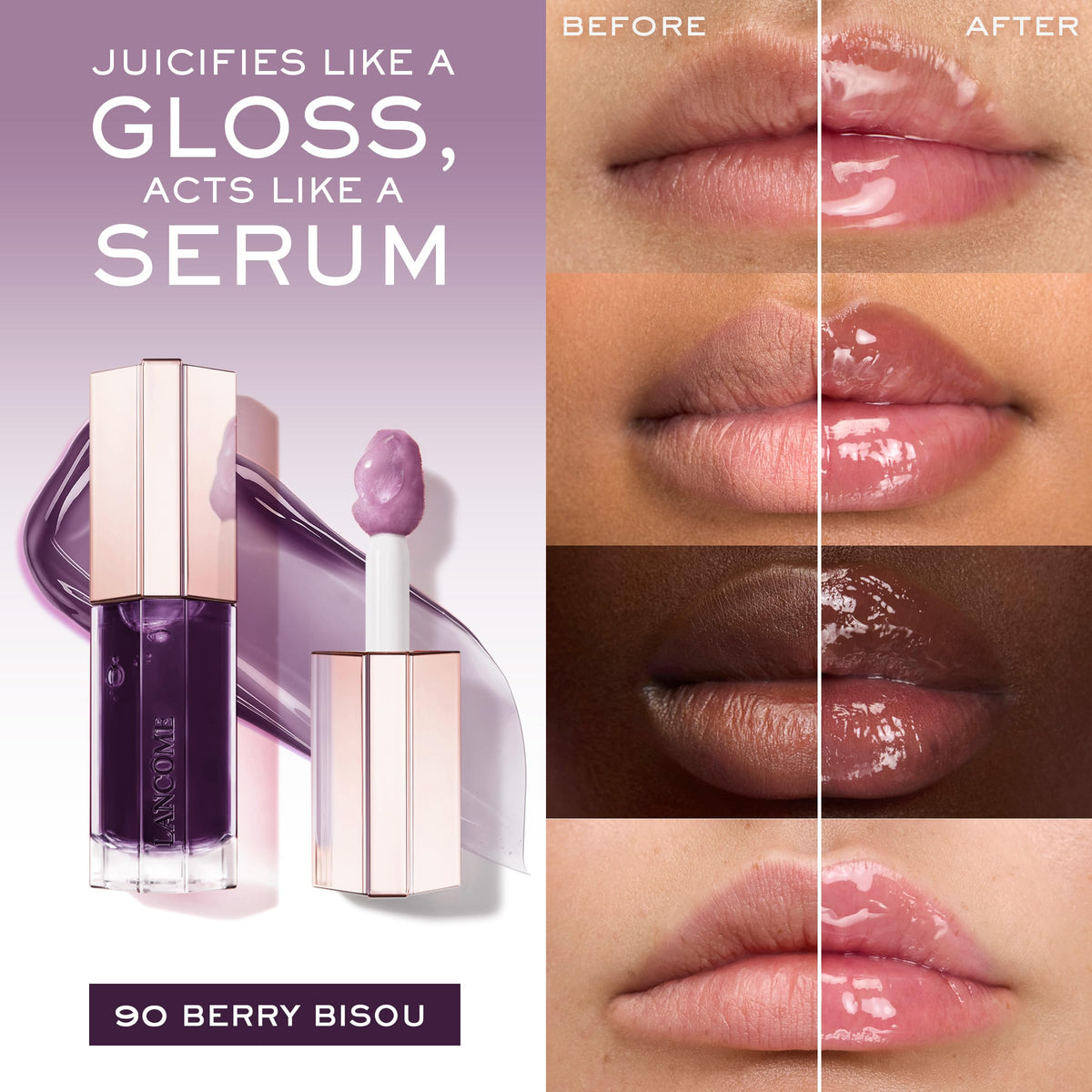 Lancôme Lip Idôle JuicyTreat shine close-up demonstrates vibrant gloss and 24-hour hydration.