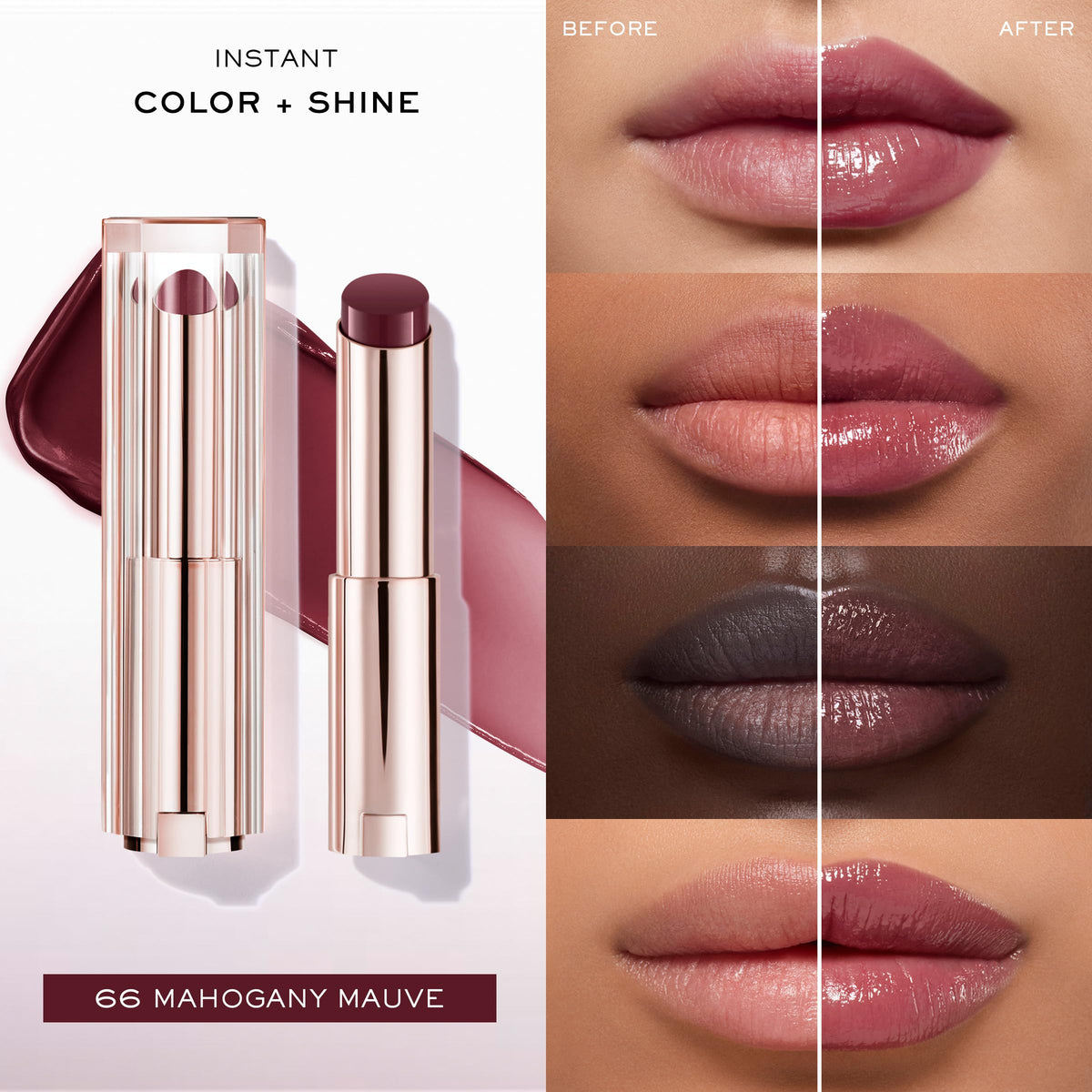 Lancôme Lip Idôle Butterglow swatch showing sheer-to-buildable color.