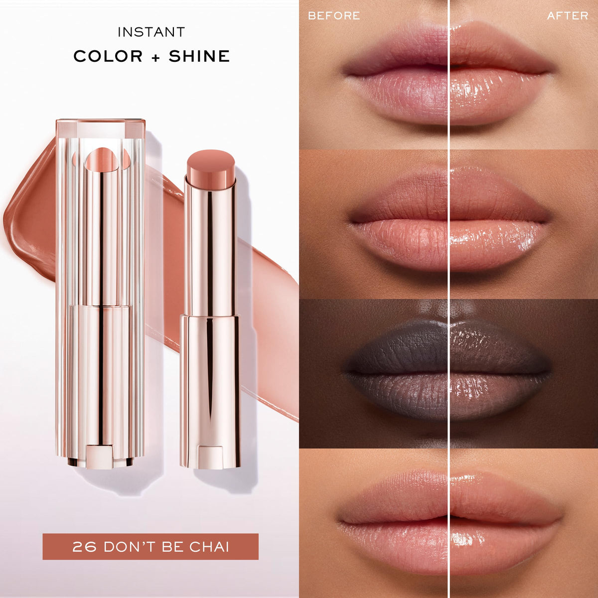 Swatches of Lancôme Lip Idôle Butterglow shades on lips show buildable color.